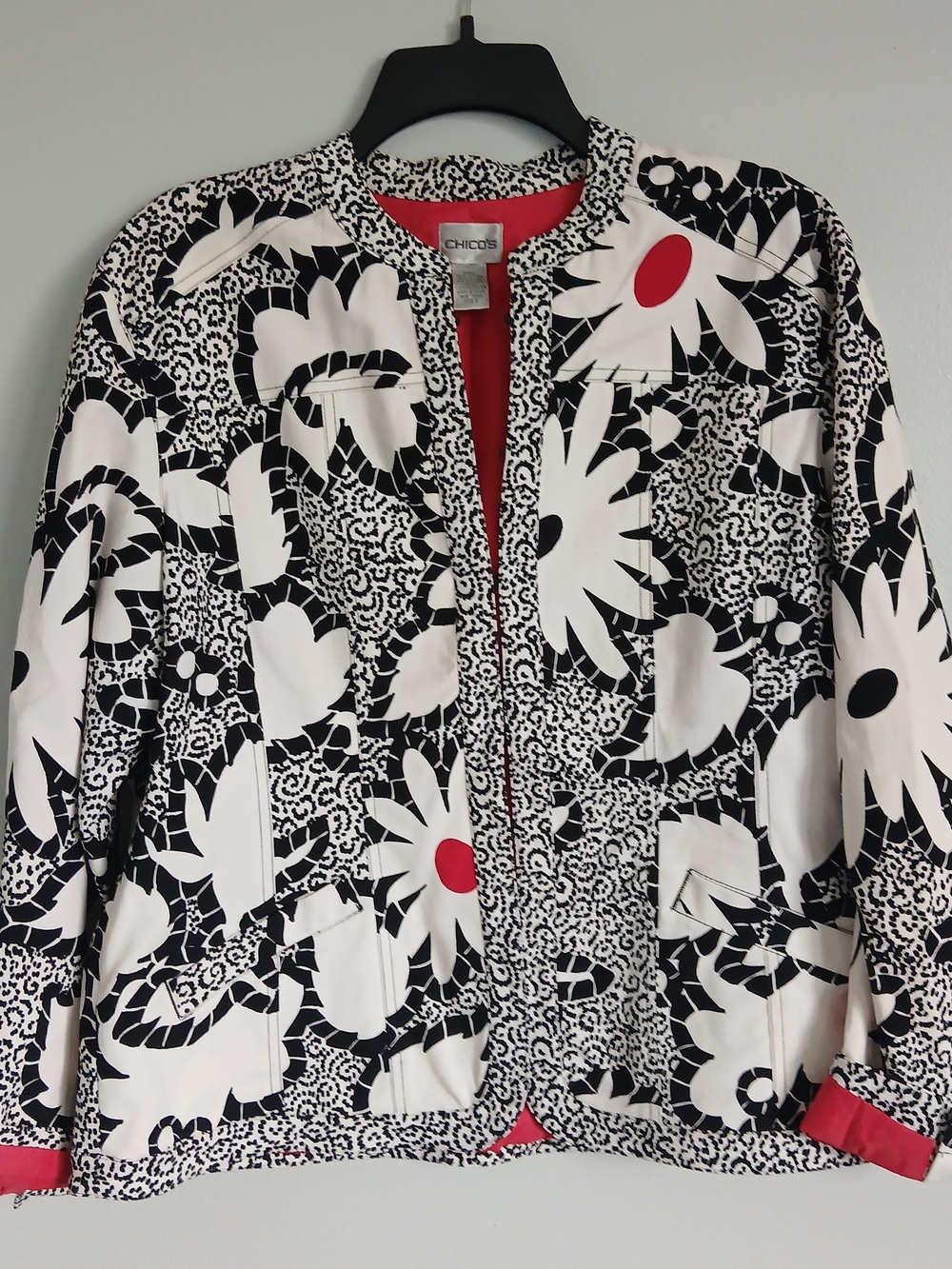 Chico's Black & White Floral Bomber Jacket with Red Interior